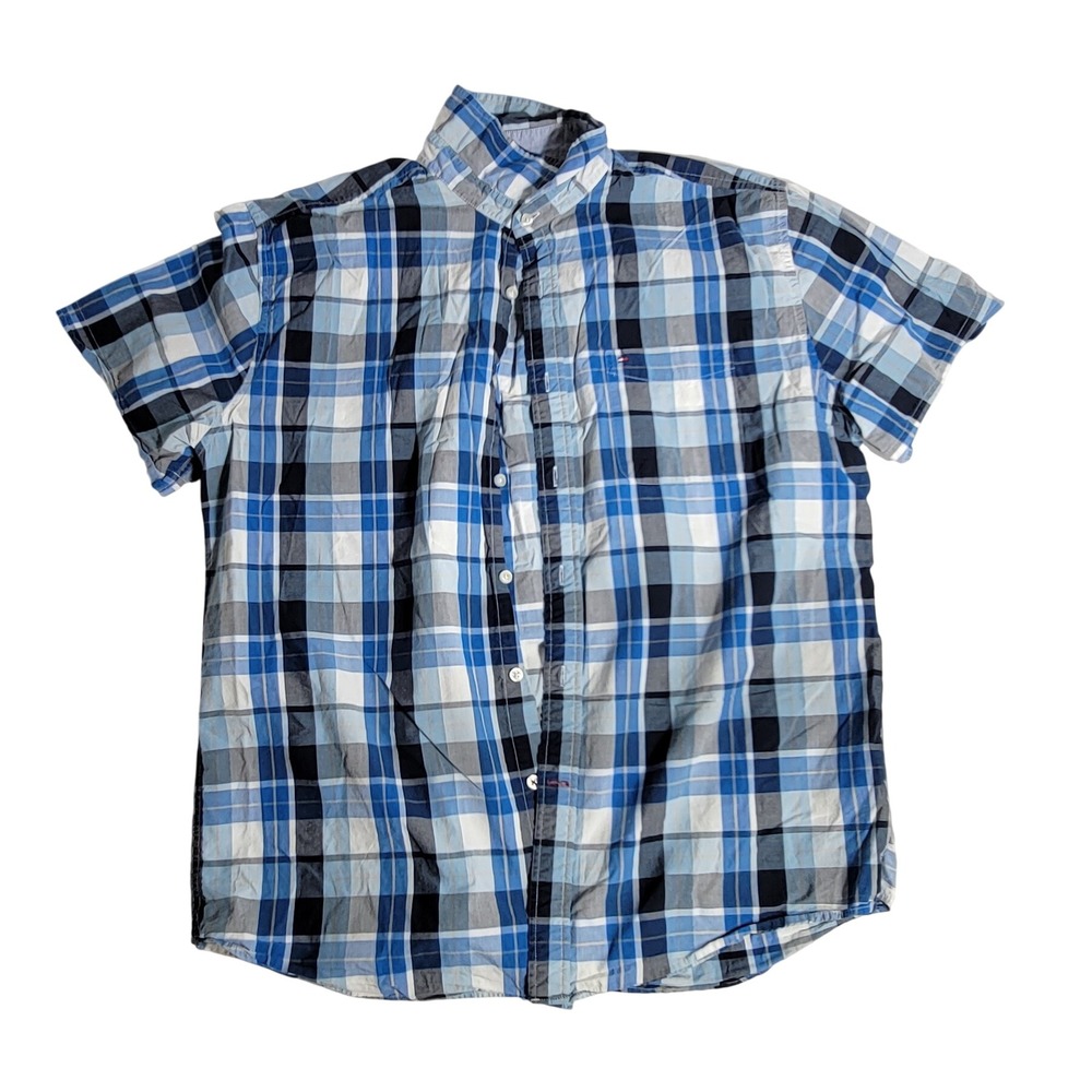 Tommy Hilfiger Mens XL Classic Fit Short Sleeve Plaid Button Down Shirt Blue